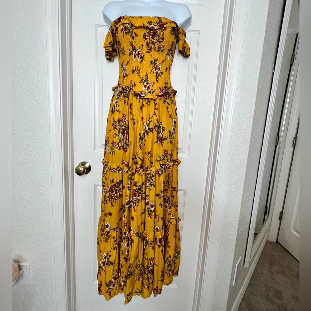 Boho Yellow off the shoulder maxi floral dress